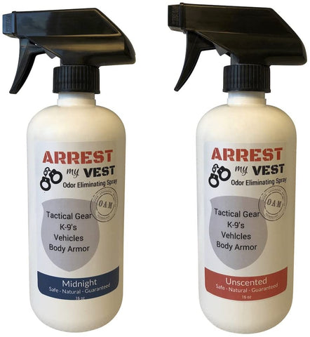 Arrest My Vest Odor Eliminating Spray for Body Armor, K-9's and Vehicles 2 16 oz Bottles, 1 Midnight Fragrance and 1 Unscented. Completely Safe on All Body Armor, Fabrics, Upholstery and Leather