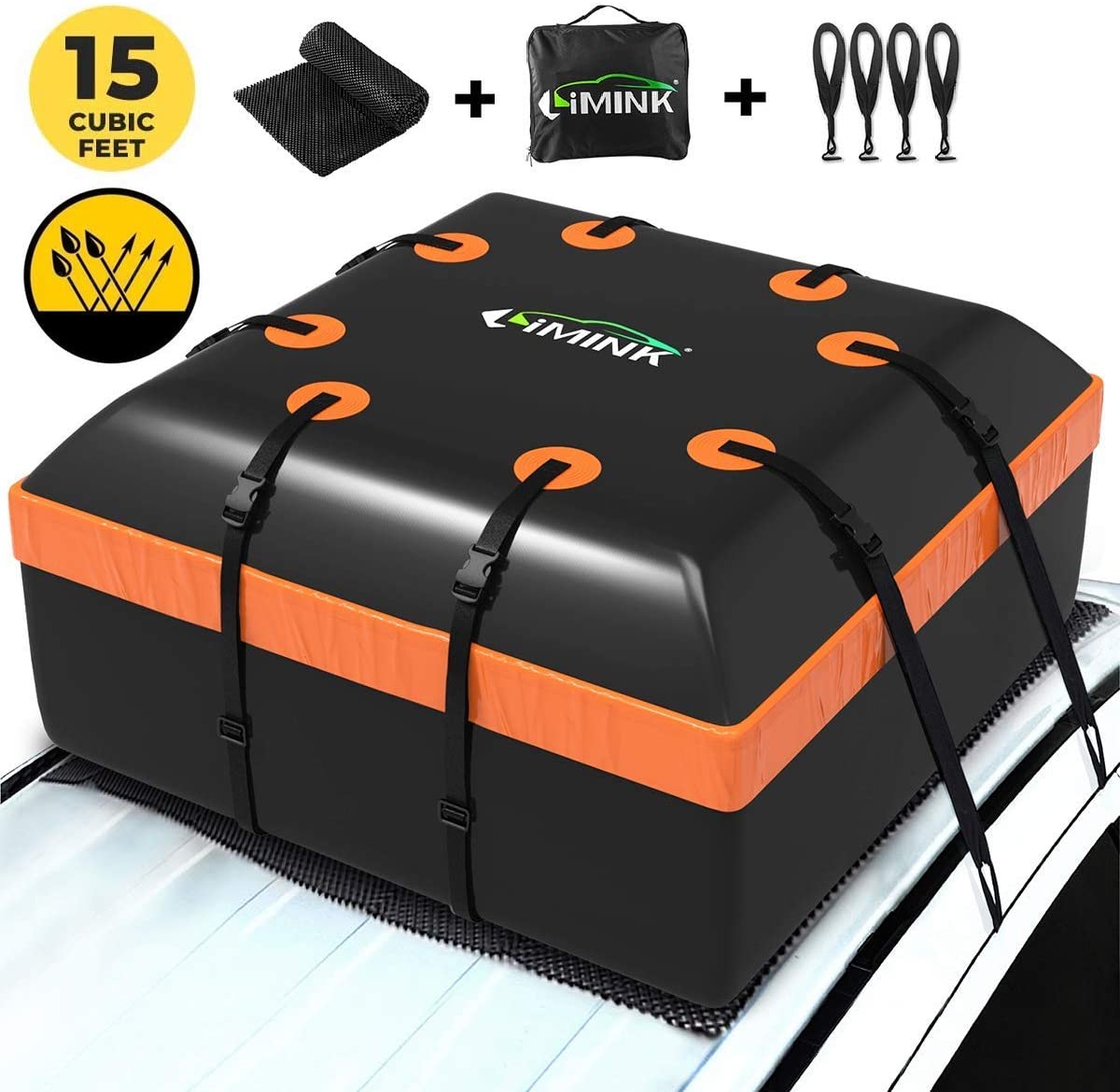 LIMINK Car Roof Cargo Carrier Bag 15 Cubic Feet Rooftop Bag PVC Coated Waterproof Zipper with Anti-Slip Mat 8 Reinforced Straps 4 Door Hooks, for Any Car (15cubic feet)
