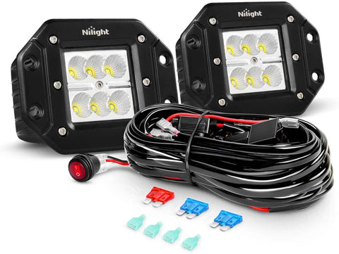 Nilight 2PCS 18W Flood Flush Mount LED Work Light Fog Lights Off Road Lights Driving Lights With Off Road Wiring Harness, 2 Years Warranty (ZH050)