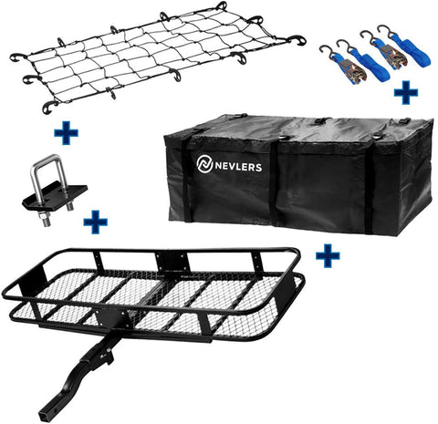 Nevlers 60” L x 20” W x 6” H Folding Hitch Mount Cargo Carrier with Net, 2 Blue Ratchet Straps and Bonus Hitch stabilizer - Waterproof - 500 lb Weight Limit - Great Additional Trunk Space