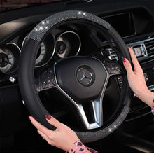 KAFEEK Diamond Leather Steering Wheel Cover with Bling Bling Crystal Rhinestones, Universal 15 inch Anti-Slip, Super cool Black Microfiber Leather and Diamond
