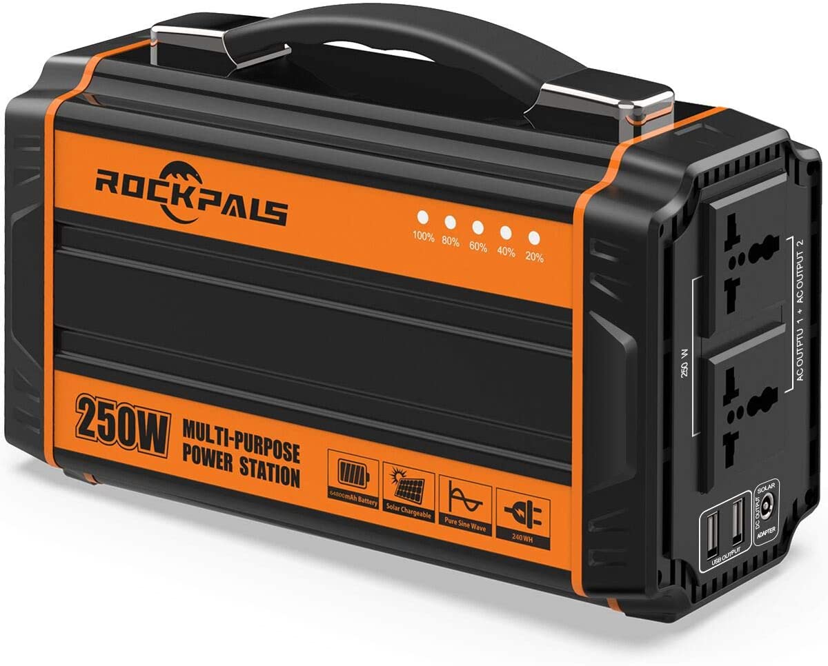 Rockpals 250-Watt Portable Generator Rechargeable Lithium Battery Pack Solar Generator with 110V AC Outlet, 12V Car, USB Output Off-grid Power Supply for CPAP Backup Camping Emergency