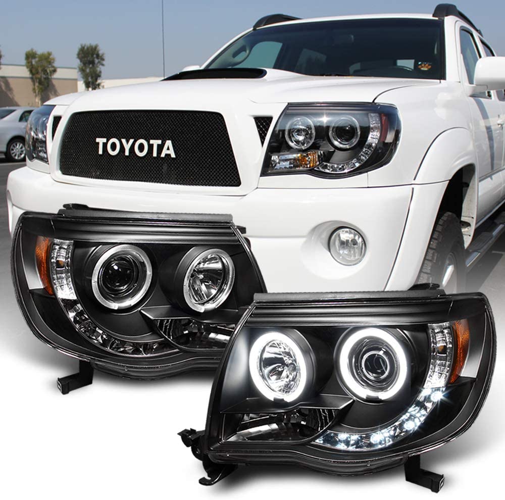 ACANII - For 2005-2011 Toyota Tacoma LED DRL Halo Ring Black Housing Projector Headlights Headlamps, Driver & Passenger
