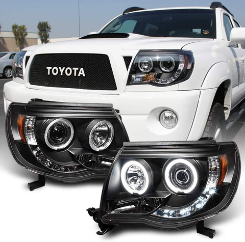 ACANII - For 2005-2011 Toyota Tacoma LED DRL Halo Ring Black Housing Projector Headlights Headlamps, Driver & Passenger