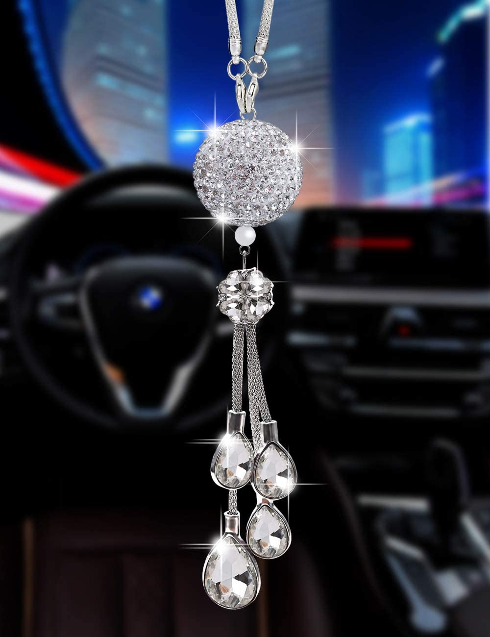 Bling Car Ornament Clear Hanging Crystal Ball Prism Crystals,Lucky Crystal Sun Catcher Ornament,Rear View Mirror Flower Charm Decor Design Pendant Bling Car Accessories (30 mm Clear) (White)