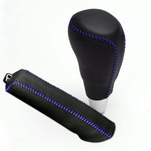 Bwen Car Cover Genuine Leather Gear Shift Cover,Hand Brake Cover fit for Toyota Corolla 2014 2015 2016 2017 2018,Black with Blue Stitches