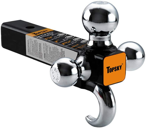 TOPSKY TS2011 Trailer Hitch Tri Ball Mount with Hook, 2 Inch Receiver, Hollow Shank Tow Hitch, Black & Chrome