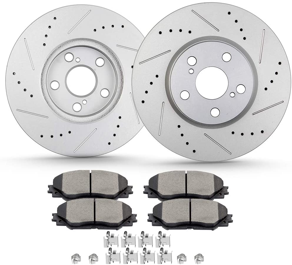 LSAILON Slotted Drilled Brake Rotors Ceramic Pads Front Fit for 2009-2010 for Pontiac Vibe, 2008-2014 for Scion xD, 2009-2019 for Toyota Corolla, 2009-2013 for Toyota Matrix,hardware