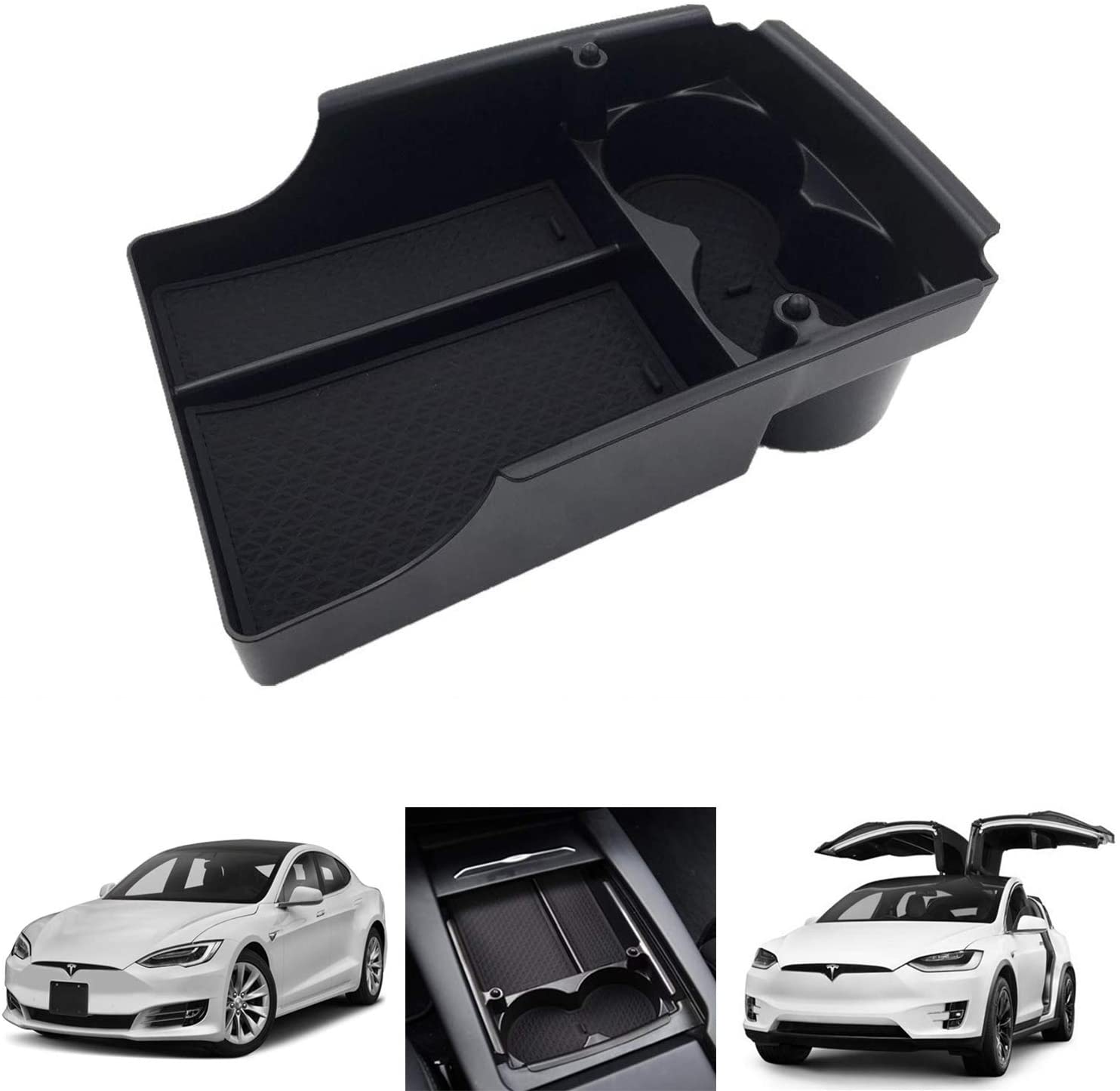 SPAUTO Tesla Model S/Model X Center Console Organizer, Armrest Storage Box with Cup Holder (Fit: Tesla Model S/Model X 2016 2017 2018)