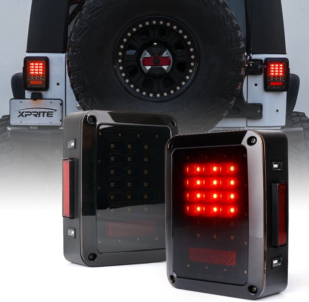 Xprite Bold Series Smoke Lens LED Tail Lights w/Red Brake Rear Light, Turn Signal & Back Up Light for Jeep Wrangler JK JKU 2007-2018