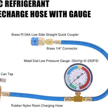 JIFETOR AC Charge Hose with Gauge for R134A, Car HVAC Refrigerant Recharge Kit, Auto Air Conditioning U Charging Hose Low Pressure Measuring Meter with 1/4" Fittings, Can Tap, Quick Coupler, 23" Long