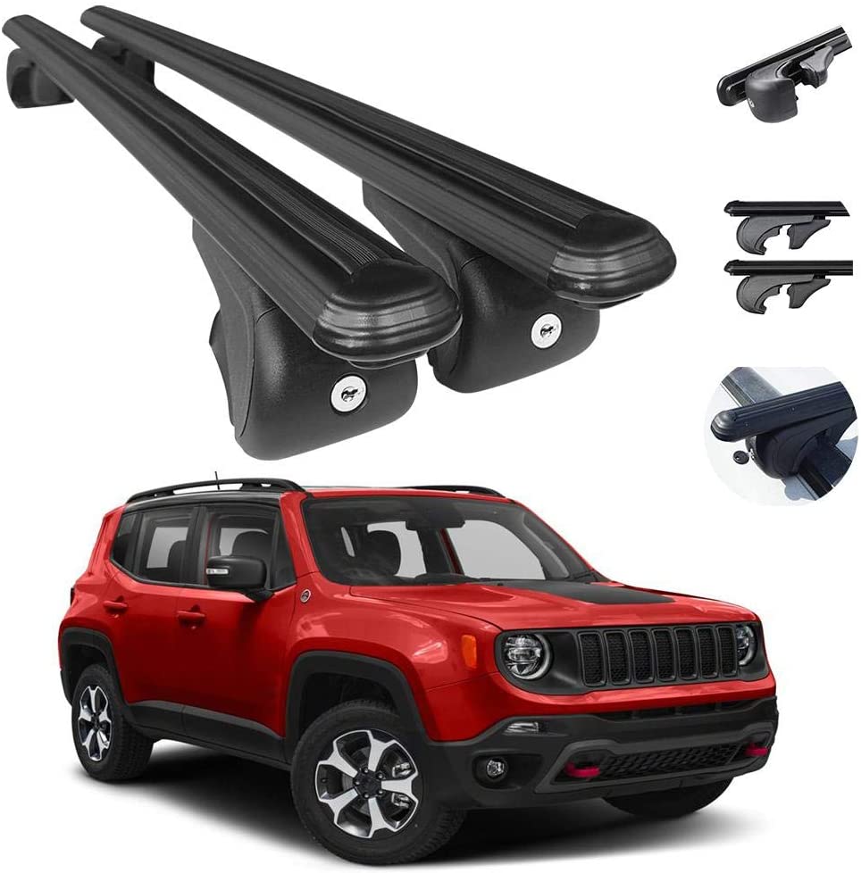 Roof Rack Cross Bars Lockable Luggage Carrier Fits Jeep Renegade 2015-2021 | Aluminum Black Cargo Carrier Rooftop Luggage Bars 2 PCS