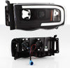 For 2002-2005 Dodge Ram 1500 03-05 2500 3500 Black LED Tube Projector Headlights Pair Left+Right Side