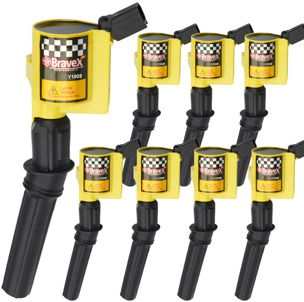 Bravex 8 Pack Curved Boot Ignition Coil 15% More Energy for Ford Lincoln Mercury 4.6L 5.4L V8 Compatible with DG508 C1454 C1417 FD503 - Upgrade (Yellow)