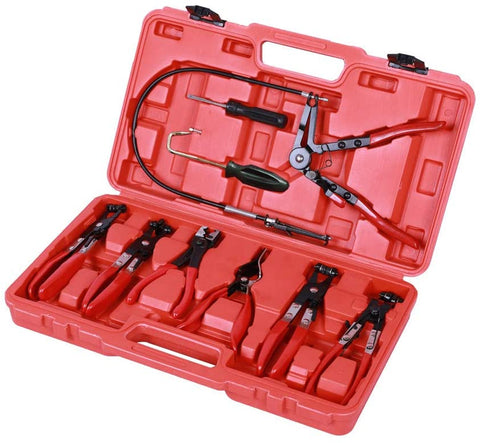 9PC Hose Clamp Clip Plier Set Auto Part Flexible Hose Clamp Pliers Tool Set Swivel Jaw Flat Angled Band Automotive Tools (Red, 9PC)