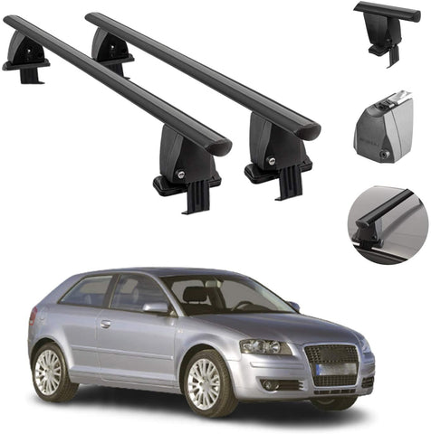 Roof Rack Cross Bars Lockable Luggage Carrier Smooth Roof Cars | Fits Audi A3 3 Door Hatchback 2004-2012 Black Aluminum Cargo Carrier Rooftop Bars | Automotive Exterior Accessories