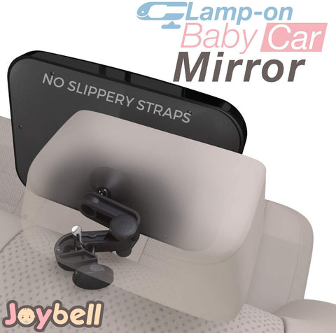 Joybell ONLY Safe Baby Car Mirror for Car Seat Rear Facing | Clamps to Sturdy Post | No Risky Straps | Extra Large| Adjustable to See Baby in Back Seat