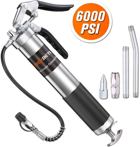 REXBETI Grease Gun, Pistol Grip Grease Gun Set with 18 Inch Flex Hose, Heavy Duty Steel Barrel, 2 Reinforced Coupler Included