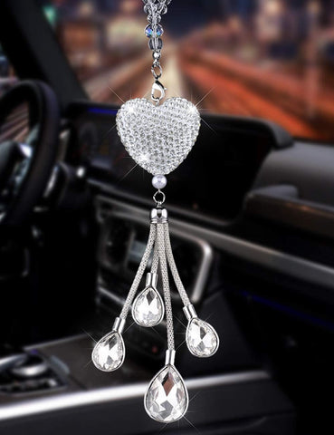 Alonar White Heart and Drops Bling Car Accessories for Mirror,Bling Car Decoration Crystal Car Rear View Mirror Charms Decor,Lucky Hanging Interior Ornament Pendant Sun Catch (White)