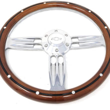14" Inch Polished & Wood Steering Wheel Chevy Bowtie Horn, 6 Hole C10 Camaro"