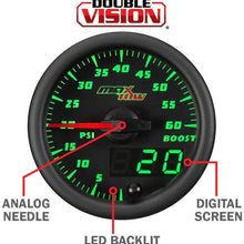 MaxTow Double Vision 60 PSI Turbo Boost Gauge Kit - Includes Electronic Pressure Sensor - Black Gauge Face - Green LED Illuminated Dial - Analog & Digital Readouts - for Diesel Trucks - 2-1/16" 52mm
