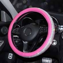 KAFEEK for Women Girls Diamond Leather Steering Wheel Cover with Bling Bling Crystal Rhinestones, Universal 15 inch Anti-Slip, Pink Microfiber Leather White Diamond