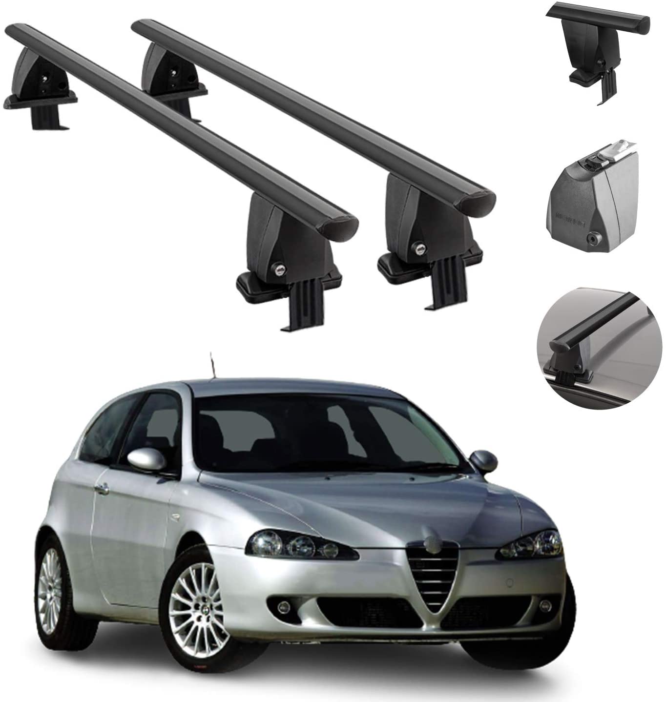 Roof Rack Cross Bars Lockable Luggage Carrier Smooth Roof Cars | Fits Alfa Romeo 147 3Door 2000-2010 Black Aluminum Cargo Carrier Rooftop Bars | Automotive Exterior Accessories