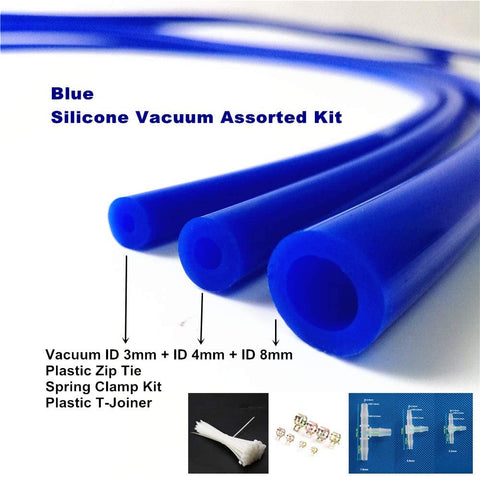 I33T High Temperature Vacuum Silicone Hose, Engine Room Dress Up DIY Kit Blue, Include 3 Hoses (ID 3mm/4mm/8mm) Vacuum + 3 Plastic T Joiner + 6 Spring Clamp + 30 Plastic Zip Tie
