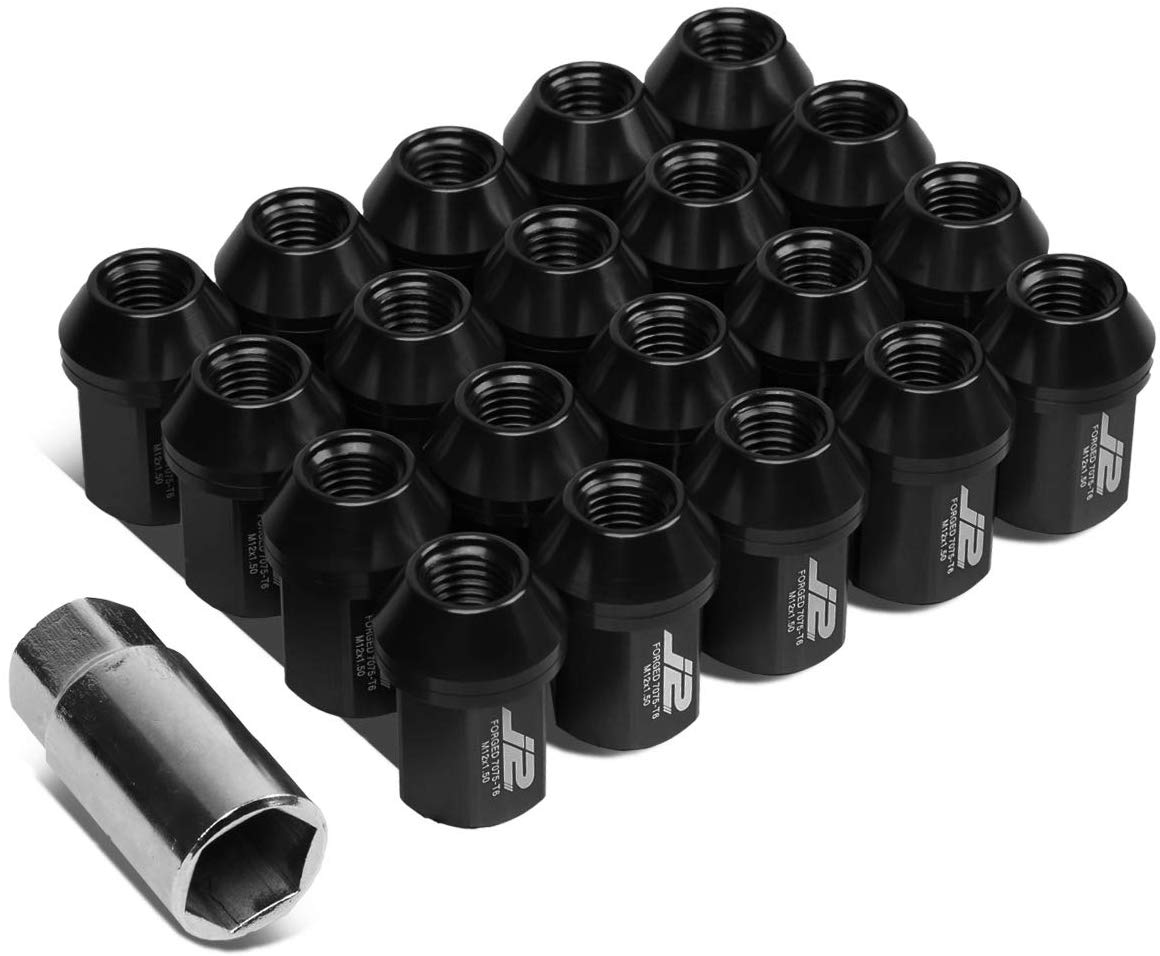 J2 Engineering LN-T7-006-15-BK Black 7075 Aluminum M12X1.5 20Pcs L: 35mm Close End Lug Nut w/Socket Adapter