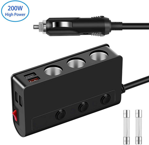 JUSTTOP 3-Socket Car Power DC Outlet with 4USB Cigarette Lighter Adapter, 180W 12V/24V, Quick Charge 3.0 Car Charger with LED Voltage Display, Upgraded On/Off Switch-Black