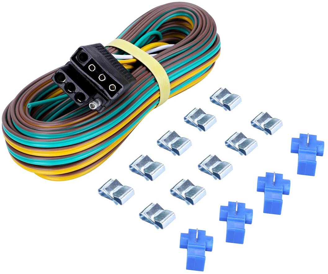 CZC AUTO Trailer Wiring Harness Kit 4-Way Wishbone Style, Y Style 18AWG Pure Copper Core Color Coded Wire with Standard 4-pin Flat Plug Connector, 4' Female and 25' Male for 12V Trailer Boat Marine