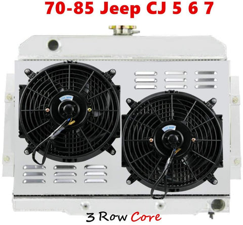 OzCoolingParts 70-85 Jeep CJ-Series Radiator Shroud Fan Kit, 3 Row Core Aluminum Radiator + 2 x 12