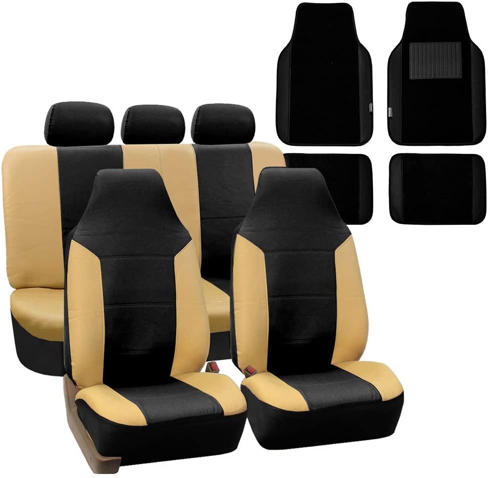 FH Group FH-PU103115 High Back Royal PU Leather Car Seat Covers Airbag Compatible & Split with F14408 Carpet Floor Mats, Beige/Black- Fit Most Car, Truck, SUV, or Van