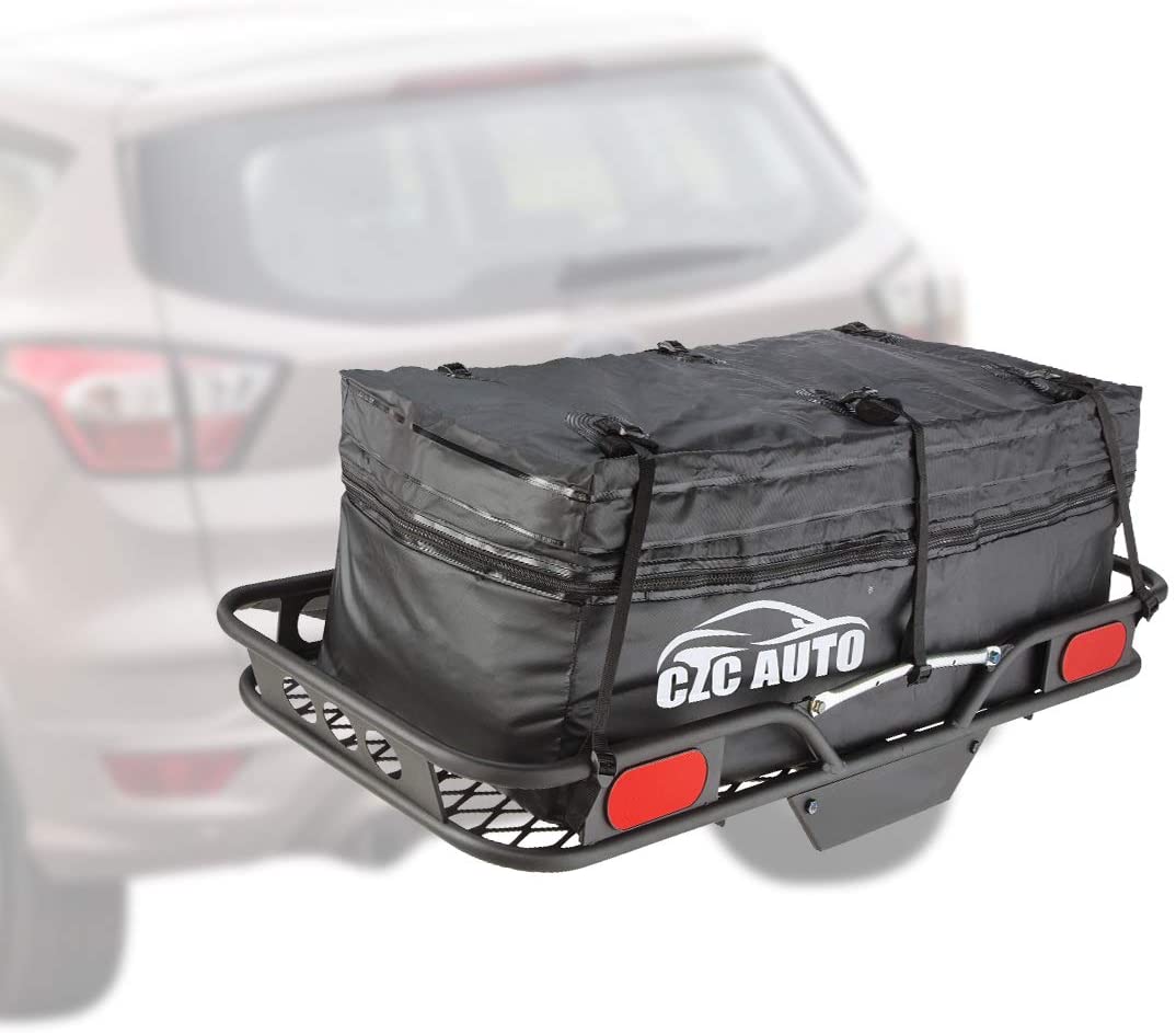 CZC AUTO Expandable Hitch Cargo Carrier Bag 9.5 cu. ft Extends to 11.6 cu. ft, Waterproof/Rainproof/Weatherproof, for Car Truck SUV Vans' Hitch Trays Hitch Baskets, Safe Steady Durable Soft Black