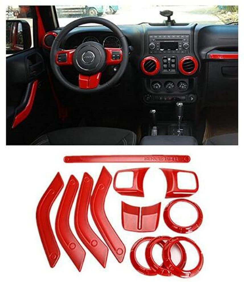 Opall Full Set Interior Decoration Trim Kit Steering Wheel & Center Console Air Outlet Trim, Door Handle Cover Inner For Jeep Wrangler JK JKU 2011-2018 2 Door& 4-Door (Watermelon Red)