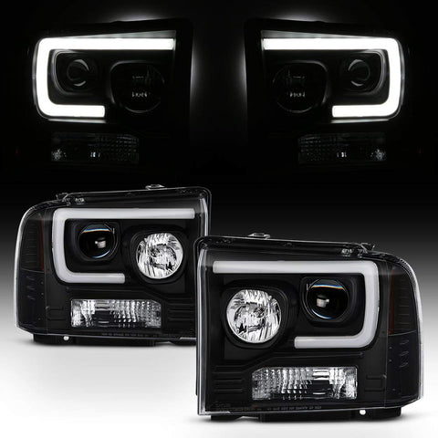 For 2005-2007 Ford Pickup F250 F350 F450 Superduty Black LED Tube Projector Headlights Left+Right Pair