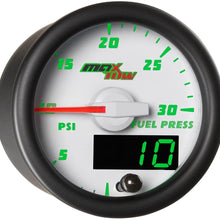 MaxTow Double Vision 30 PSI Fuel Pressure Gauge Kit - Includes Electronic Sensor - White Gauge Face - Green LED Illuminated Dial - Analog & Digital Readouts - for Diesel Trucks - 2-1/16" 52mm