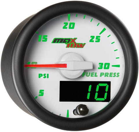 MaxTow Double Vision 30 PSI Fuel Pressure Gauge Kit - Includes Electronic Sensor - White Gauge Face - Green LED Illuminated Dial - Analog & Digital Readouts - for Diesel Trucks - 2-1/16