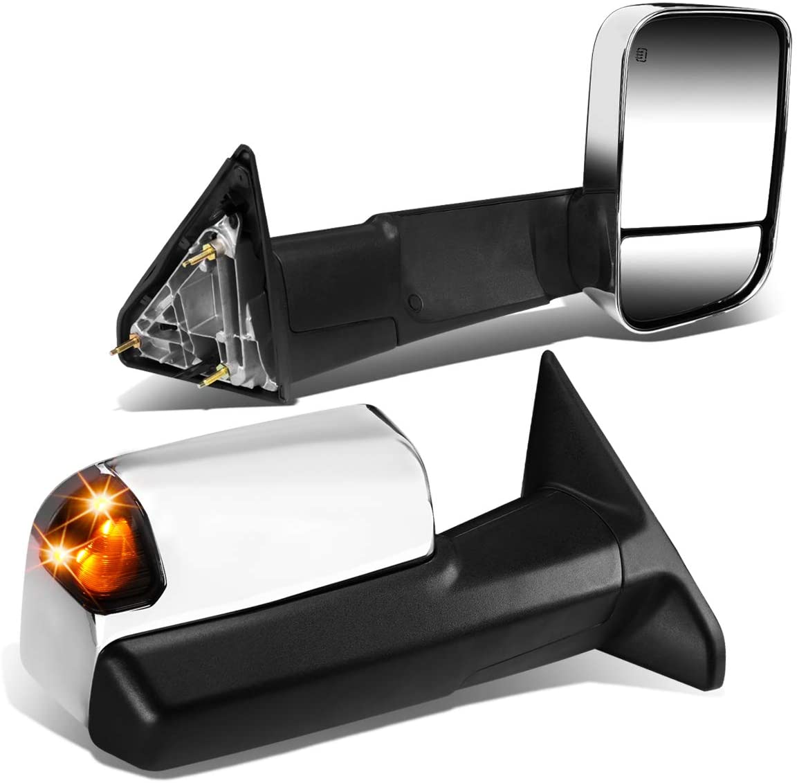 Replacement for RAM 1500 2500 3500 Pair of Chrome Powered + Heated Smoked Signal Glass + Foldable Side Towing Mirrors