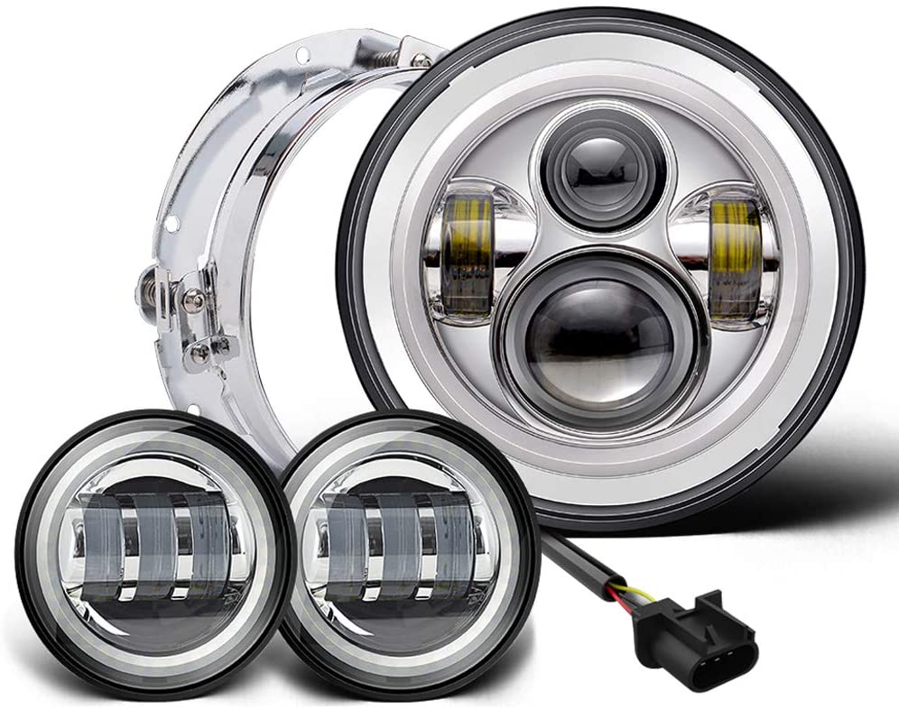 7 inch LED Headlight Fog Passing Lights DOT Kit Set Ring Motorcycle Headlamp Ring for Harley Davidson Touring Road King Ultra Classic Electra Street Glide Tri Cvo Heritage Softail Deluxe Fatboy Chrome