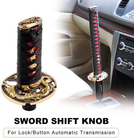 RYANSTAR Samurai Sword Automatic Shift Knob Universal for Lock/Button Automatic Transmission，Cool Katana Gear Shifter Metal Weighted Black&Red