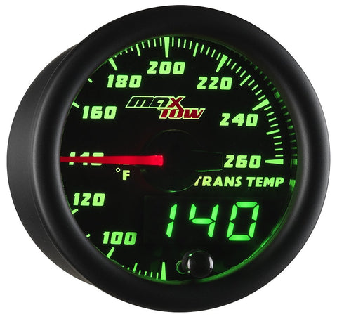 MaxTow Double Vision 260 F Transmission Temperature Gauge Kit - Includes Electronic Sensor - Black Gauge Face - Green LED Illuminated Dial - Analog & Digital Readouts - for Trucks - 2-1/16