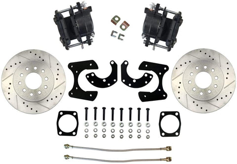 Compatible With Ford Large Bearing Rear Axle Disc Brake Conversion Kit with Cross Drilled & Slotted Rotors, Stainless Braided Brake Hoses, Includes Calipers without Parking Brake Cable FDBK9XB1(O-3-1)