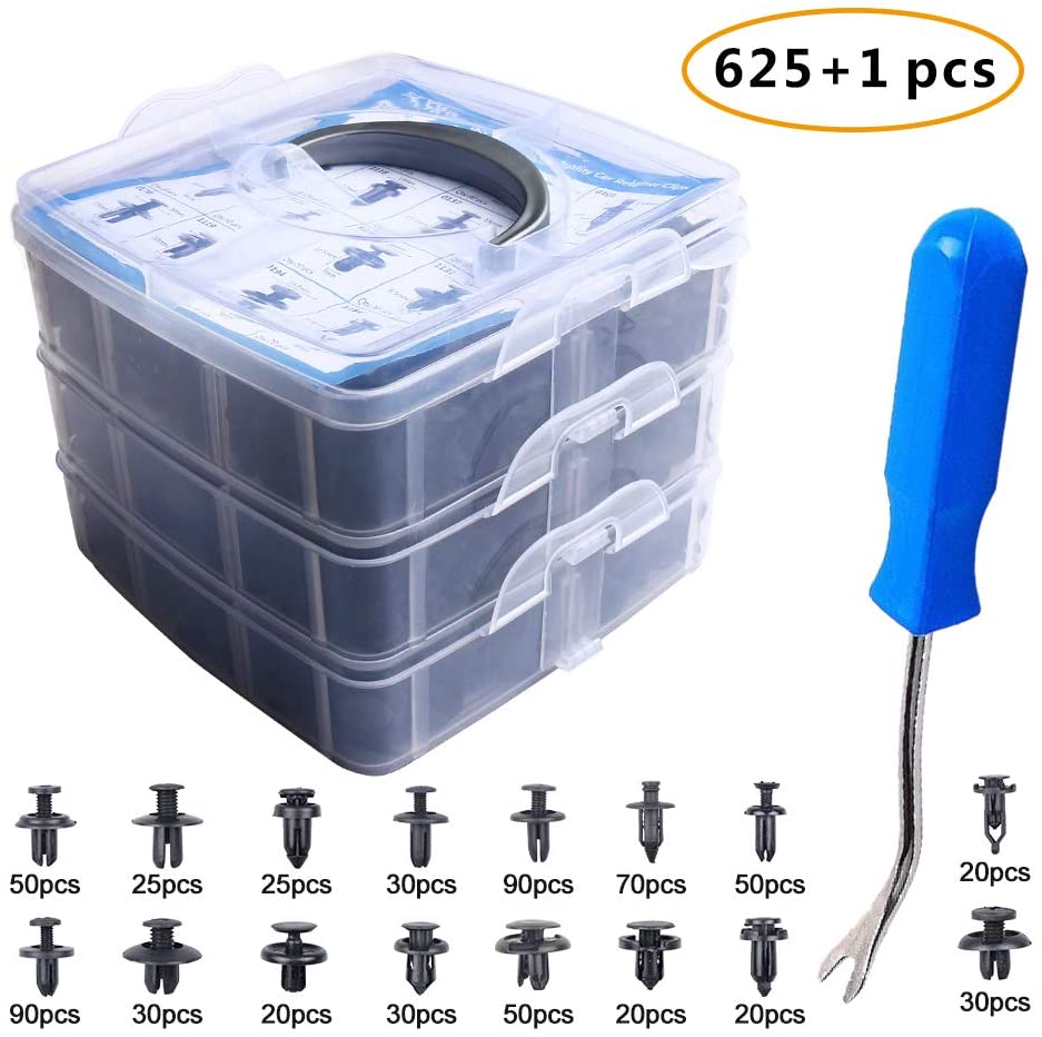 EZYKOO 625Pcs Car Push Retainer Clips & Plastic Fasteners Kit - 16 Most Popular Sizes Auto Push Pin Rivets Set Nylon Bumper Fender Rivets Clips Door Trim Panel Clips Compatible with GM Toyota Honda