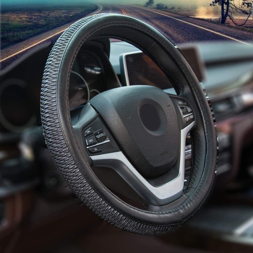 Alusbell Microfiber Leather Steering Wheel Cover for Men Women Anti-Slip Auto Car Steering Wheel Cover Universal 15 Inches Black