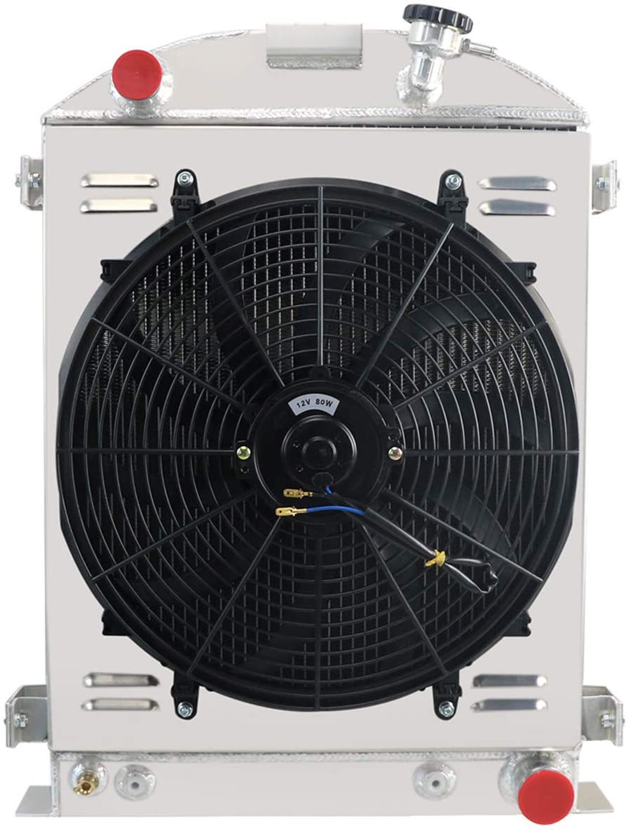 ALLOYWORKS 4 Row All Aluminum Radiator Shroud Fan For 1930-1938 Ford Model A Grill Shells Chevy Engine V8