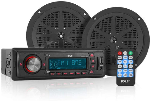 Marine Headunit Receiver Speaker Kit - In-Dash LCD Digital Stereo w/ AM FM Radio System 5.25?? Waterproof Cone Speakers (2) MP3/USB/SD Readers Aux Input Single DIN & Remote Control - Pyle PLMRKT12BK,Black