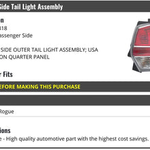 Right Passenger Side Outer Tail Light Assembly - USA Built - Quarter Panel Mounted - Compatible with 2014-2016 Nissan Rogue