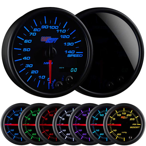 GlowShift Tinted 7 Color 140 MPH Speedometer Gauge - Mounts in Custom Dashboard - Resettable Trip Meter - Black Dial - Smoked Lens - 3-3/4