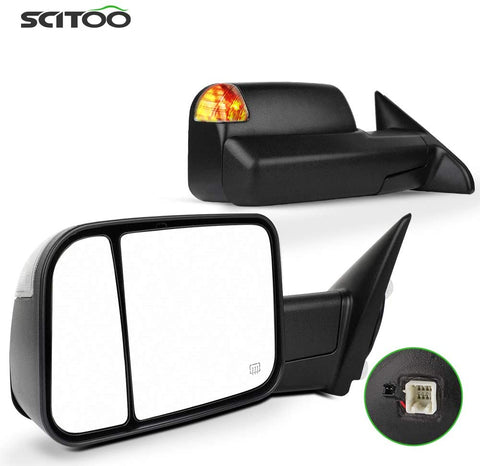 SCITOO Left Right Tow Mirror Compatible Fit for Towing Mirrors 2002-2008 for Dodge for Ram 1500 2003-2009 for Ram 2500 3500 Truck Black Power Adjusted Heated Turn Signal Light Pair Mirrors